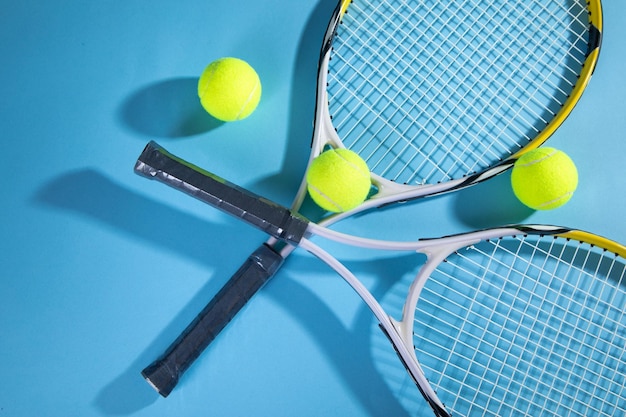 Tennis ball and rackets on the blue background