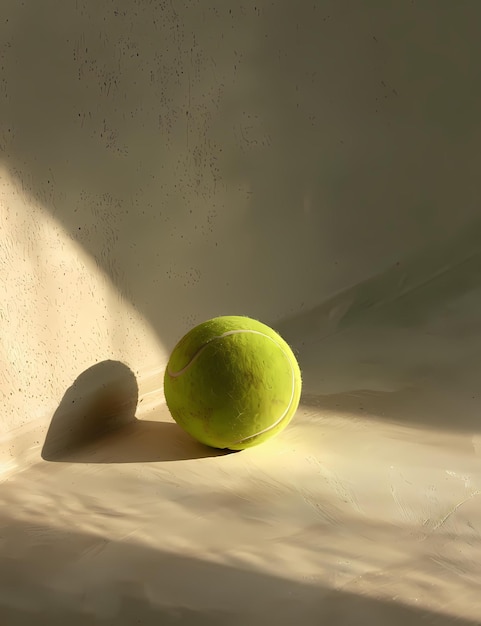 a tennis ball resting on a beige surface with light and shadows creating a minimalistic aesthetic