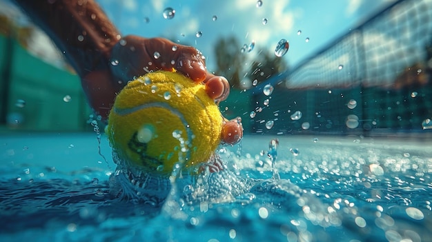 Tennis Ball Splashing in Blue Water