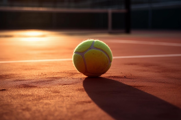 A tennis ball on a tennis court in the evening