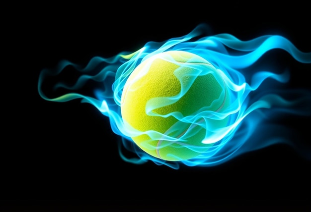 Photo a tennis ball with electric and fire effects on a wet surface depicting energy and intensity in a dramatic setting