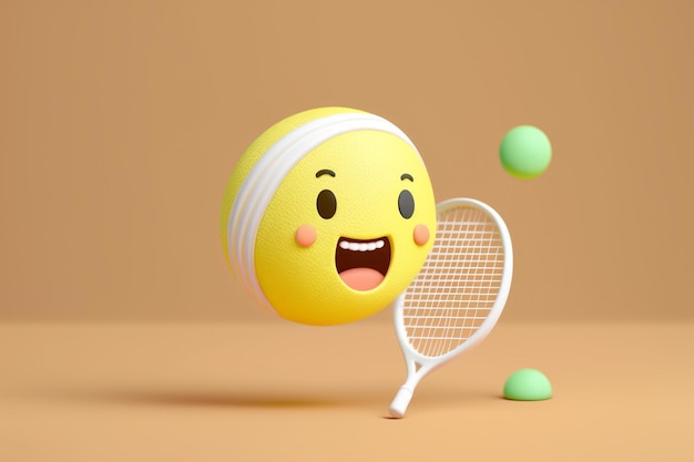 A tennis ball with a face on it and a tennis racket in the foreground.