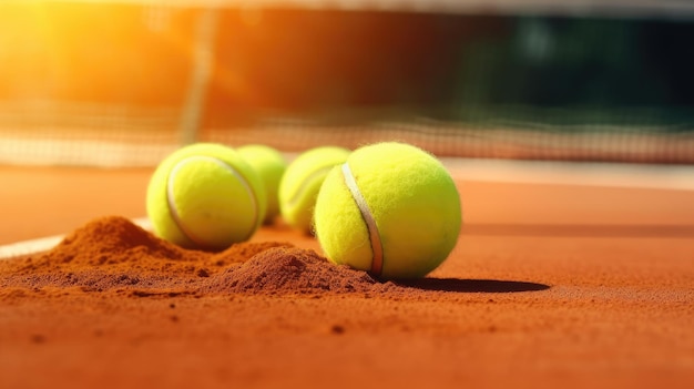 Tennis balls on the court with a net in the background