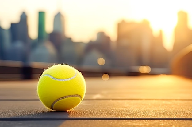 Tennis banner with yellow tennis ball on blurred sunset New York cityscape background