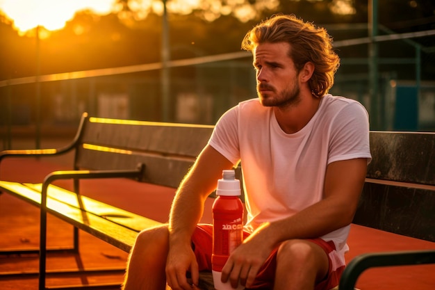 Tennis break player relaxing on a bench water bottle and towel nearby contemplative expression