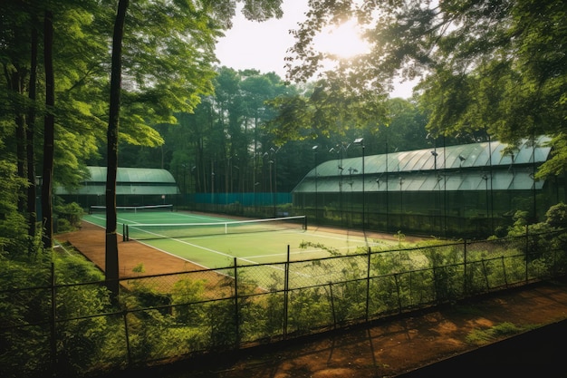 A tennis court in the heart of a lush forest blending sport with nature