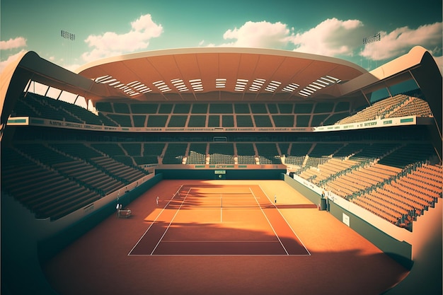 a tennis court with a red and white logo on the top.