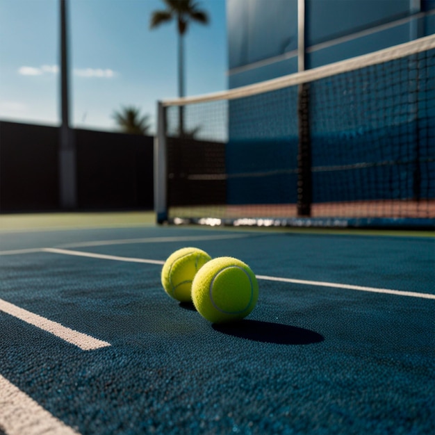 a tennis court with two tennis balls on the court and a blue sky in the background