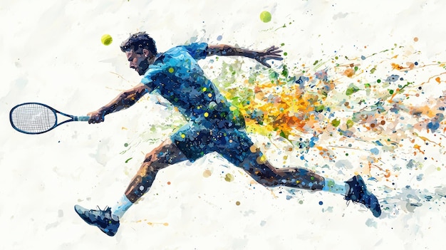 Photo tennis player in action with watercolor splatter