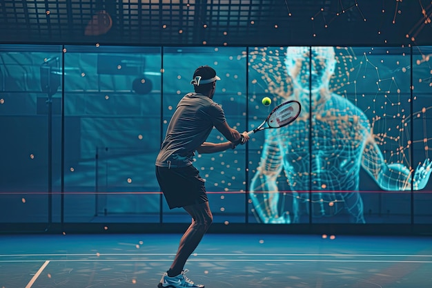 Photo tennis player hitting ball towards virtual opponent with brain analysis