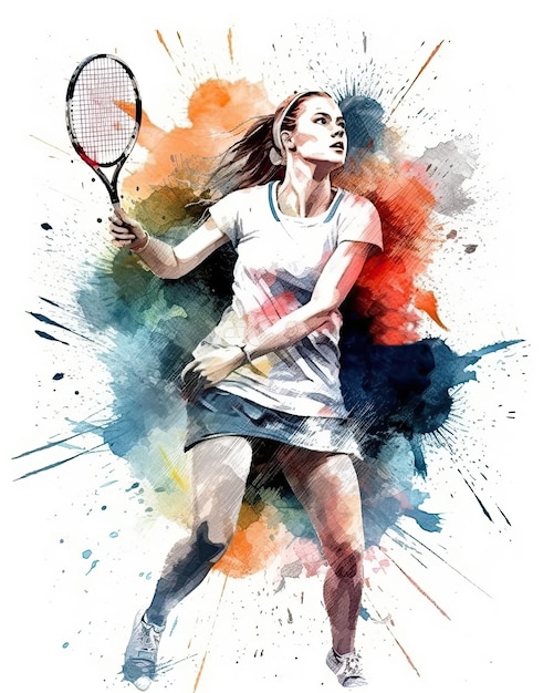 A tennis player is shown with a watercolor background.