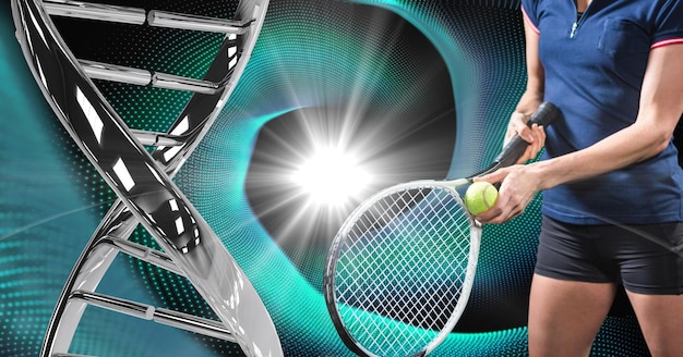 tennis player with iron dna chain. Blak and blue lights background