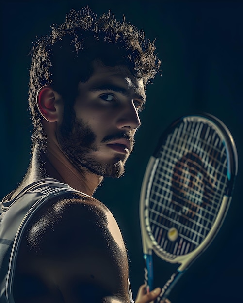 Photo tennis player with racket in white costume man athlete playing