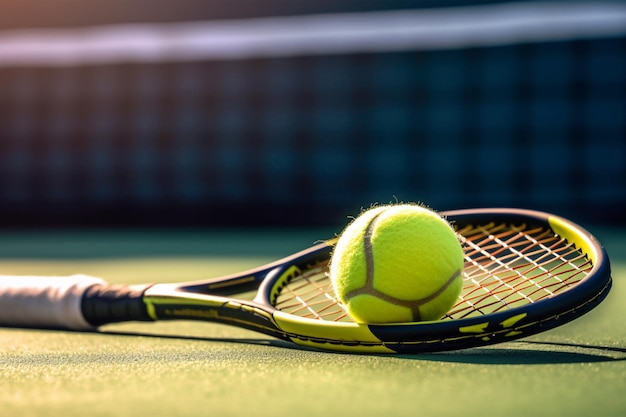 a tennis racket and a ball on a court with the sun shining on the ground