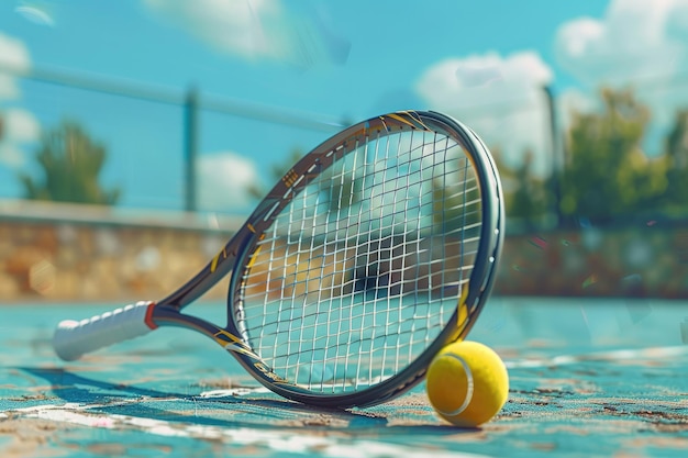 Tennis Racket and Ball on a Sunny Court