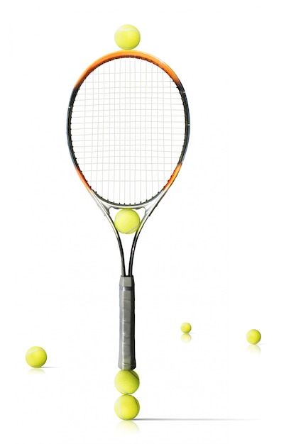 Tennis racket and balls is the white background