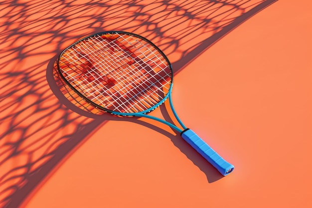 A tennis racket is sitting on a tennis court with a net behind it