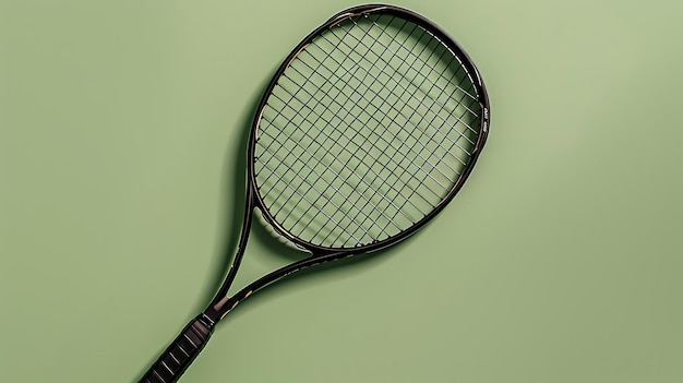 A tennis racket isolated on a green background The racket is black and yellow with a textured grip