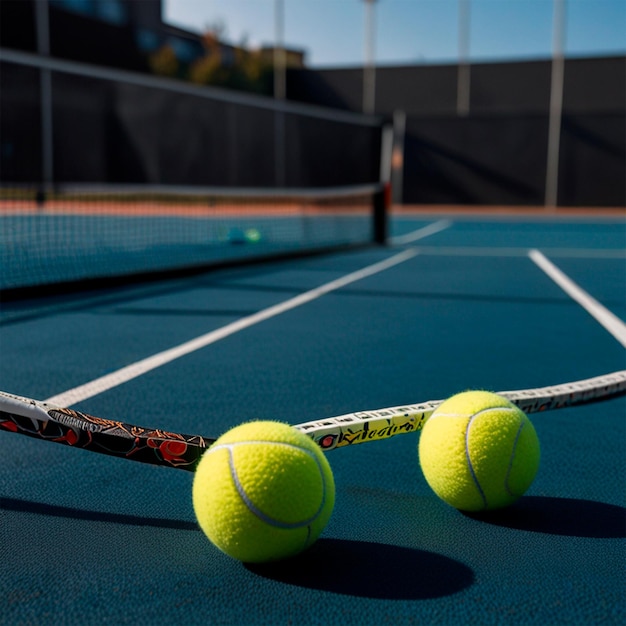 a tennis racket and tennis balls are on a court