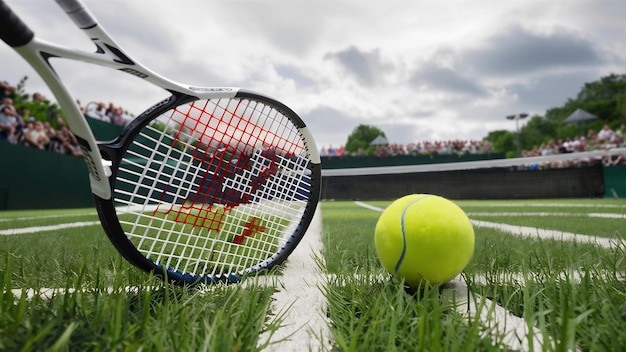 Tennis racket with ball on court