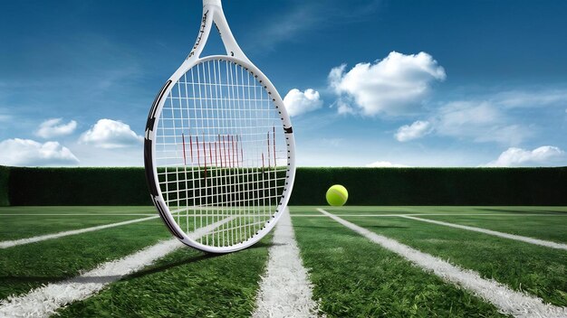 Tennis racket with ball on court