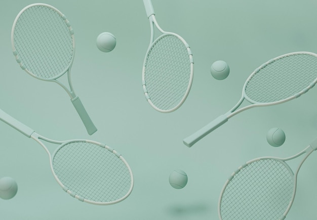 Tennis racket with balls on pastel green background Trendy 3d render for fitness