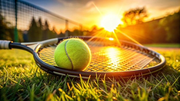 a tennis racket with the sun behind it