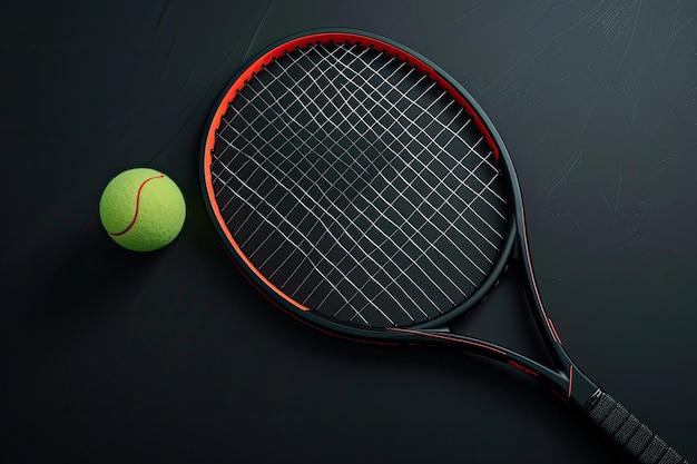 Tennis Racket with Tennis Ball on Black Background 3D Rendering