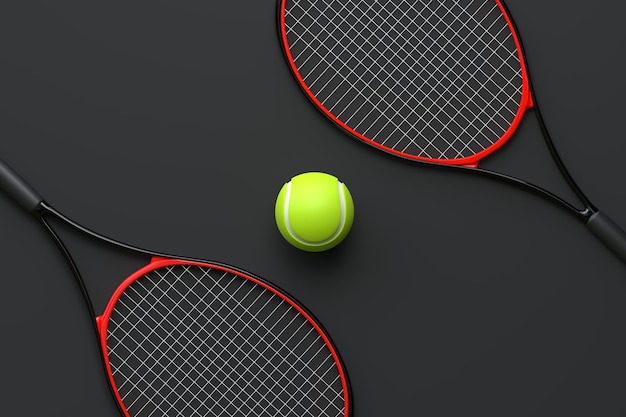 Tennis Racket with Tennis Ball on a black background Top view 3D Render Illustration