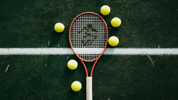 Tennis racket with yellow balls