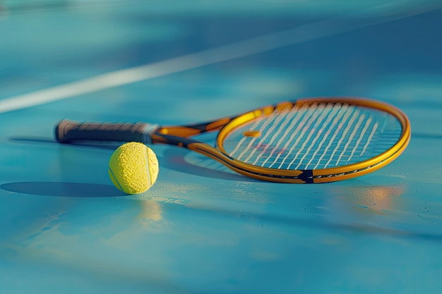 Tennis Racket and Yellow Ball on Blue Court Background