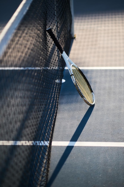 Tennis racquet is standing near tennis net outside at bright sunny day.