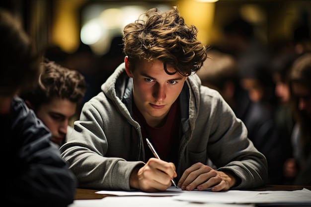 Tense student focuses during challenging test generative IA