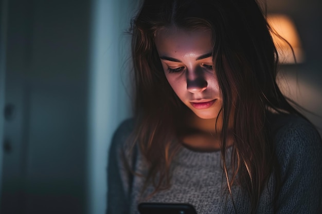 Tense young woman displays anxiety while reading news on phone