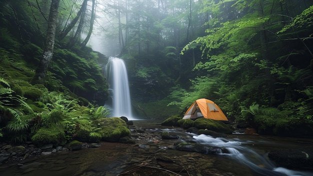 A tent beside a small waterfall in a forest lush greenery and flowing water early morning mist