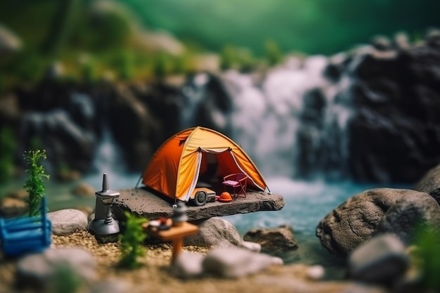 A tent by a waterfall is set up by a waterfall.