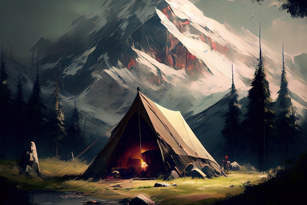 Tent camp and orange tents on the plateau of a mountain valley Generative Ai