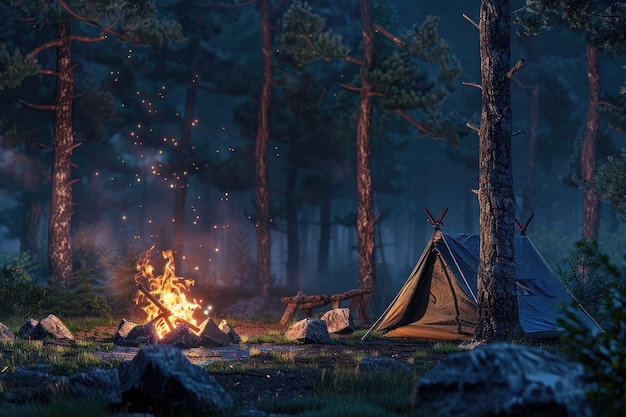 Tent and Campfire Set in Woods on a Summer Night with Starry Sky