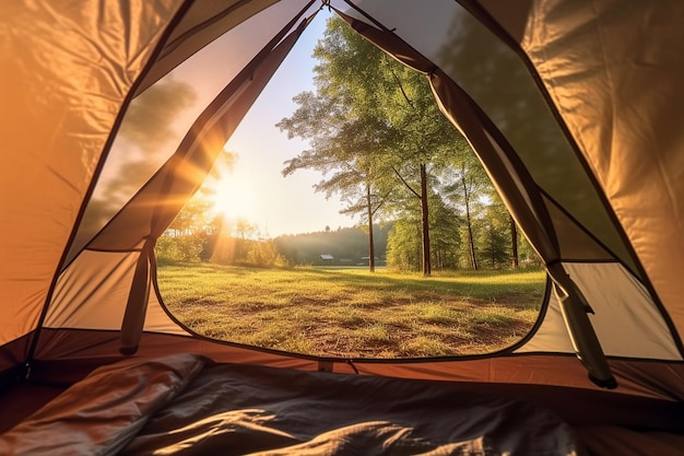 Tent camping Illustration of the beautiful view from the open tent in a remote location created