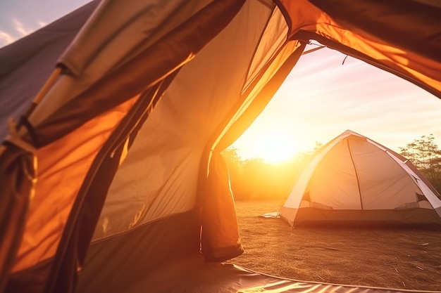 Tent camping Illustration of the beautiful view from the open tent in a remote