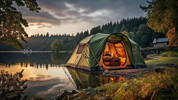 a tent for camping in a riverside woodland xA