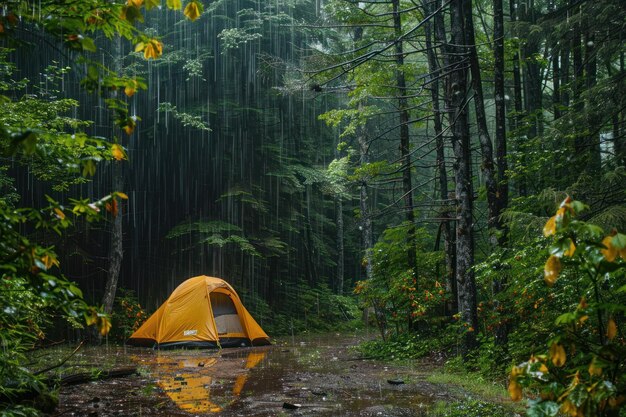 Tent for camping in the wild forest surrounded by rain in summer Nature relax wallpaper