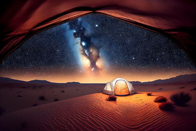 A tent in the desert with a view of the milky and a star filled sky above it with a bright light shining on the tent generative ai