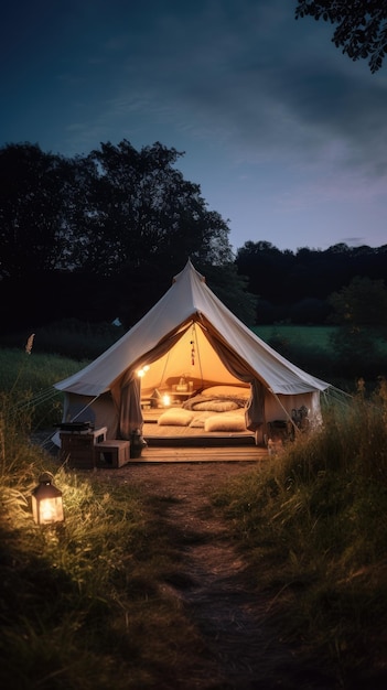 A tent in the evening with a lantern and a lamp