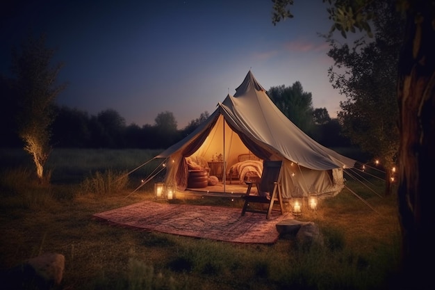 A tent in a field with a lit up lamp that says'camping '