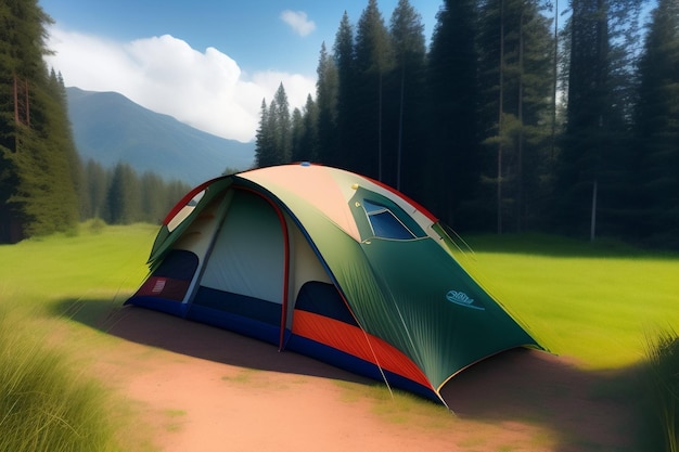 A tent in a field with the mountains in the background