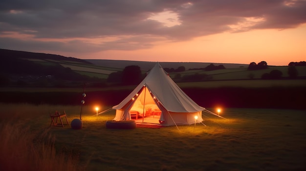 A tent in a field with a sunset in the background