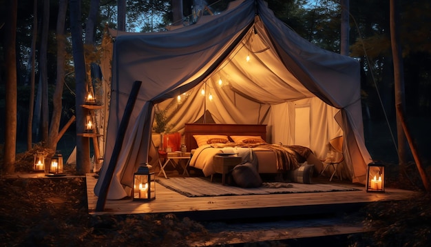 A tent in a forest at night with a lantern hanging from the ceiling.