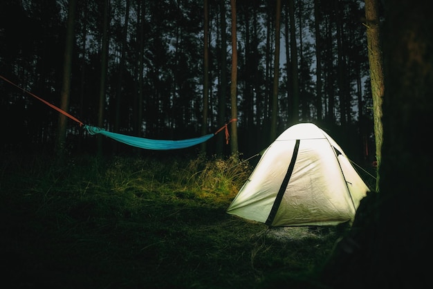 Tent on the forest during night in the woods Campsite on the recreation weekends