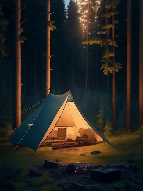 Tent in a forest with a camp fire Generative AI Illustration